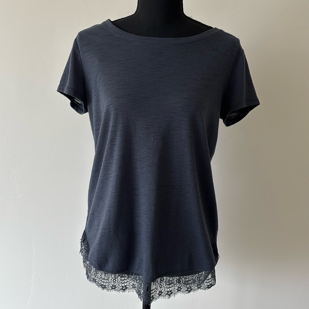 LC Lauren Conrad Navy Short Sleeve Top with Lace Detail